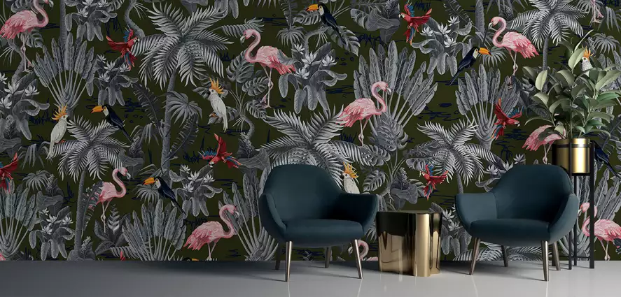 Flamants exotiques - papier peint jungle animaux