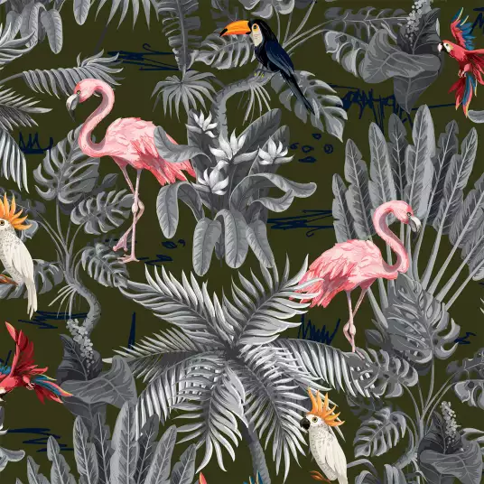 Flamants exotiques - papier peint jungle animaux