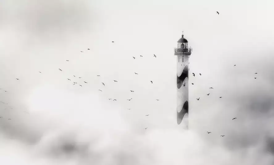 Phare dans le brouillard - papier peint déco mer