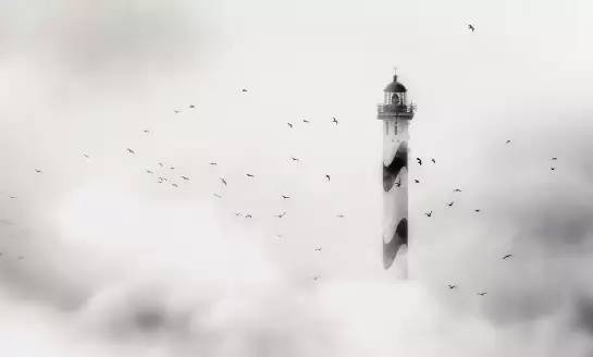 Phare dans le brouillard - papier peint déco mer