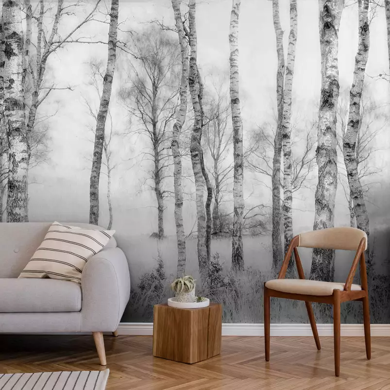 Bouleaux - papier peint arbres noir et blanc
