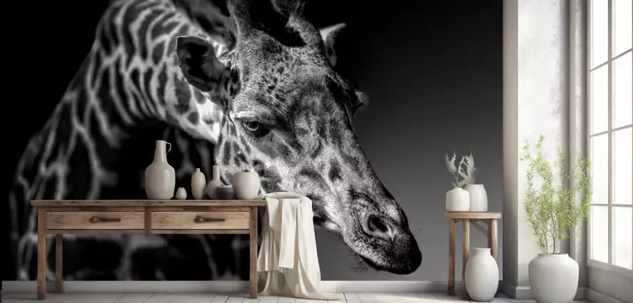 Girafe discrète - papier peint savane noir et blanc
