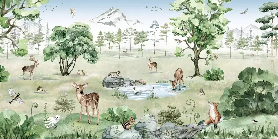 Animaux en montagne verte - papier peint enfant animaux