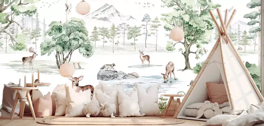 Animaux montagne blanche - papier peint enfant animaux