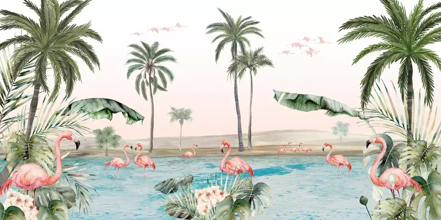 Flamingos oasis - papier peint oiseaux et fleurs