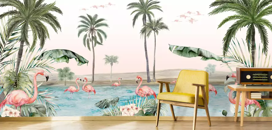 Flamingos oasis - papier peint oiseaux et fleurs