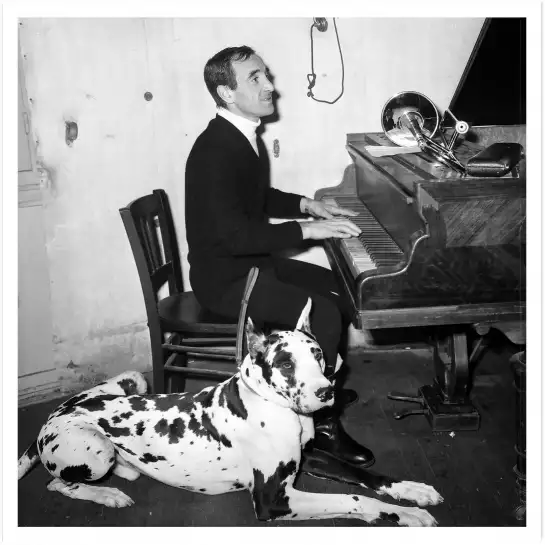 Charles Aznavour et son chien - photos noir et blanc célébrités