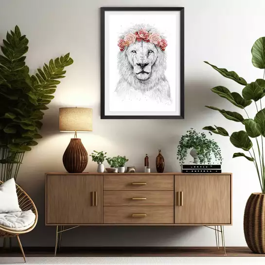 Lion et couronne de fleurs - tableau animaux habillés