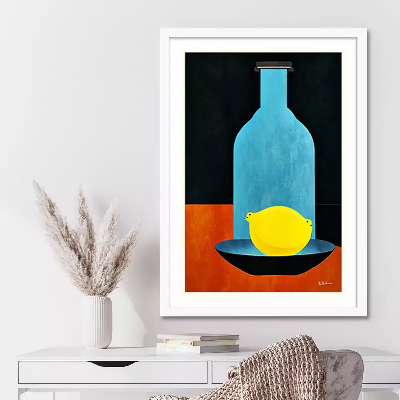 Bouteille et citron - affiche nature morte