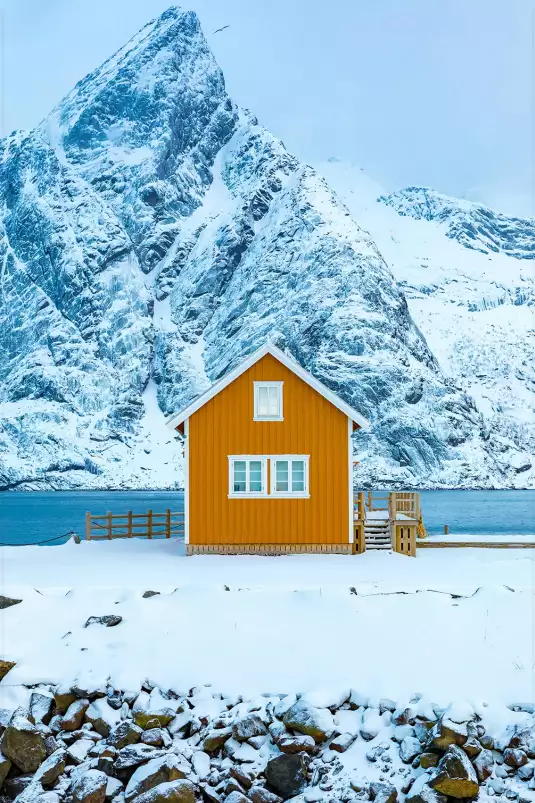 Cabane orange - tableau paysage montagne