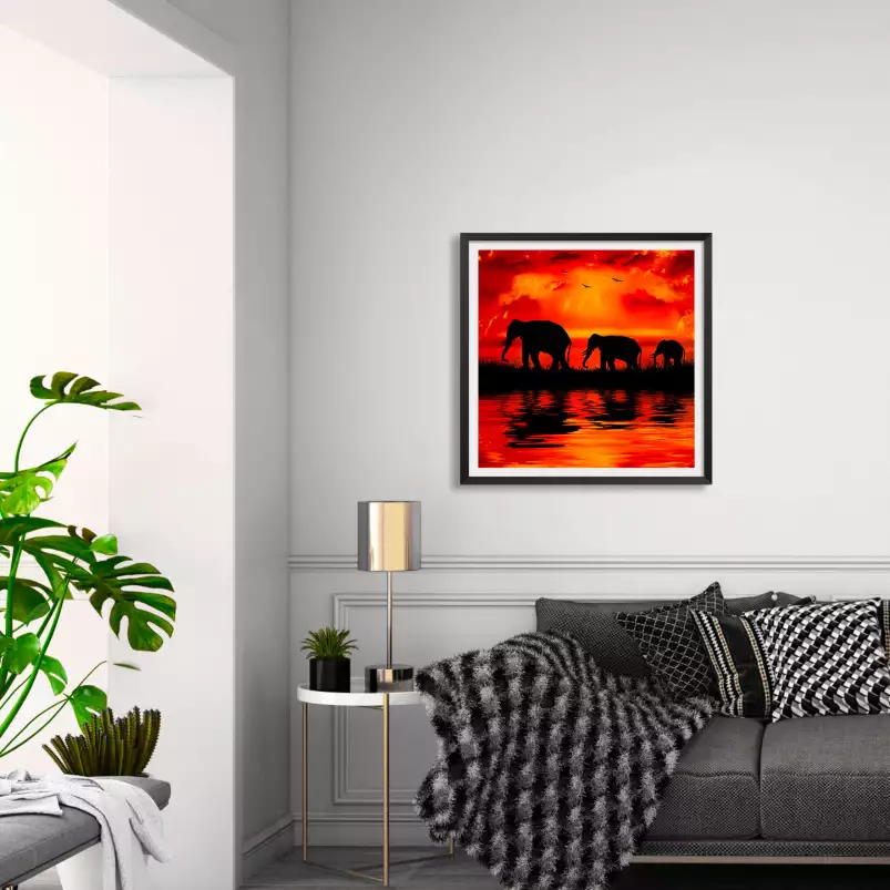 sunset éléphants - poster animaux