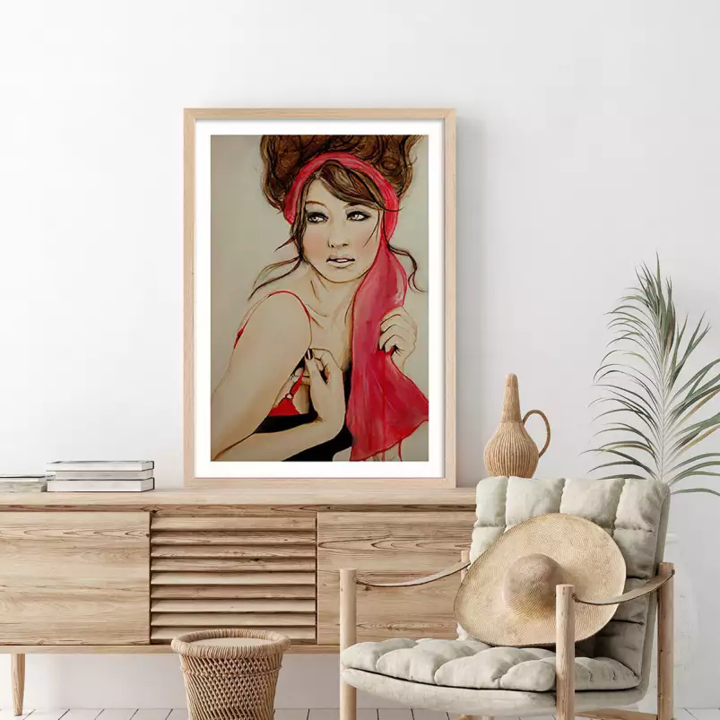 portrait de femme foulard rouge - poster romantique