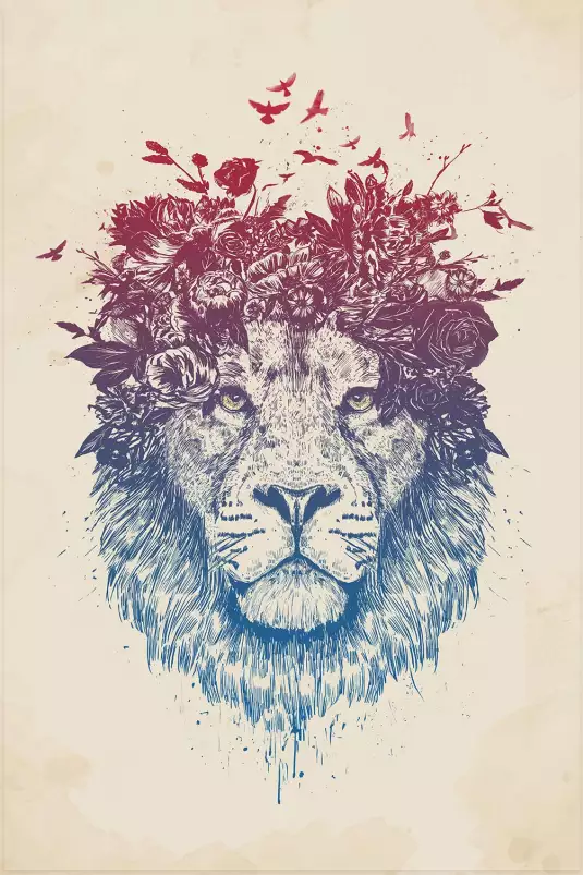 Lion aux fleurs - tableau animaux habillés
