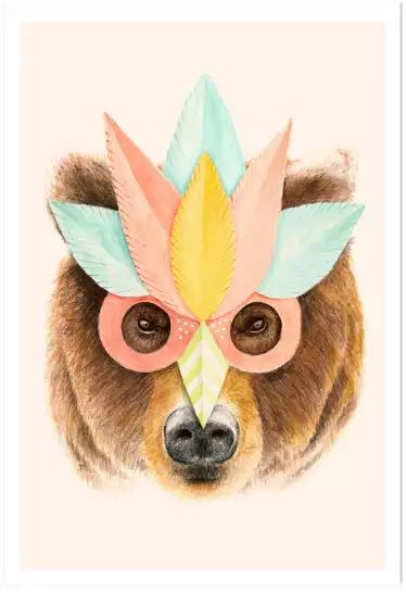 Ours et masque en papier - tableau portrait animaux