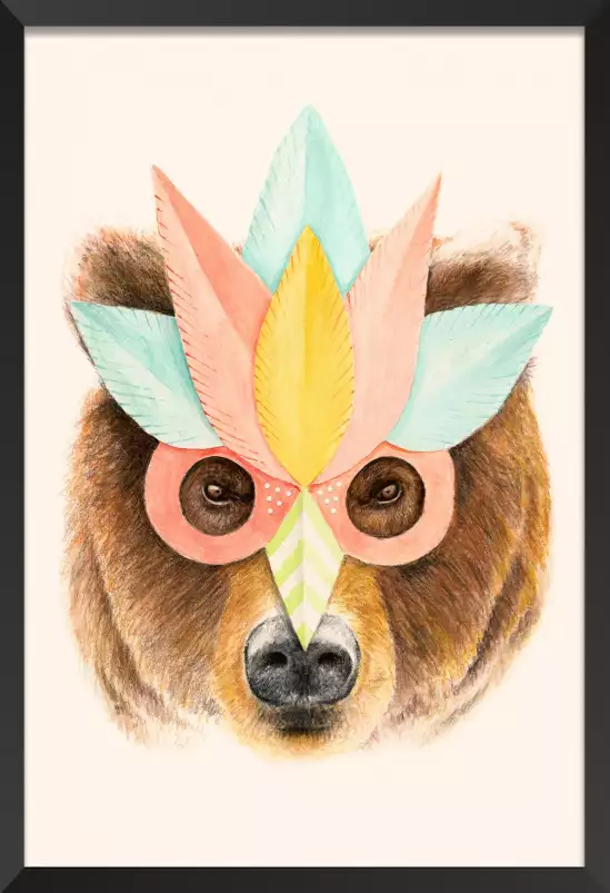 Ours et masque en papier - tableau portrait animaux