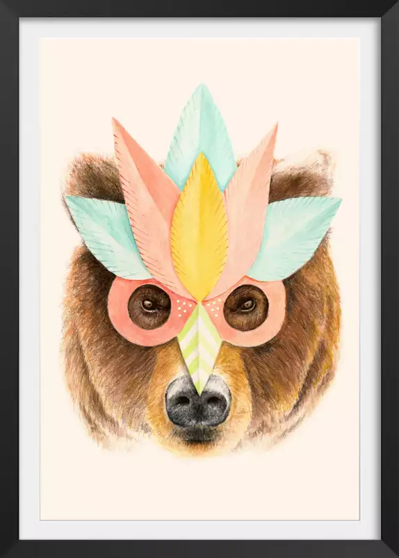 Ours et masque en papier - tableau portrait animaux