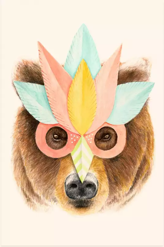 Ours et masque en papier - tableau portrait animaux