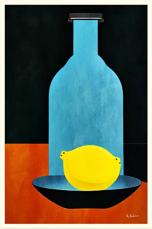 Bouteille et citron - affiche nature morte