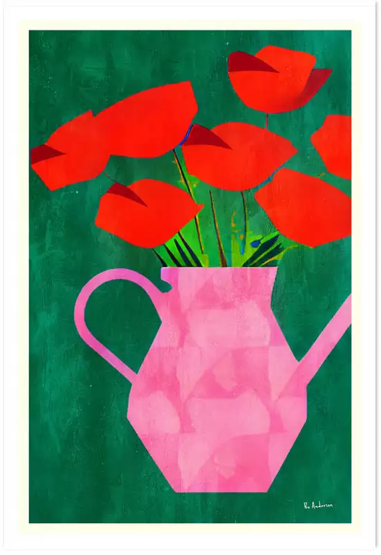 Red Poppies In A Pink Vase - tableau plante