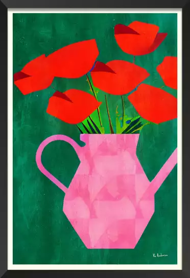 Red Poppies In A Pink Vase - tableau plante