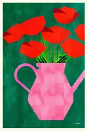 Red Poppies In A Pink Vase - tableau plante