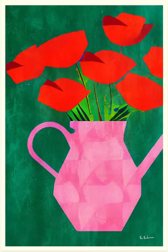 Red Poppies In A Pink Vase - tableau plante