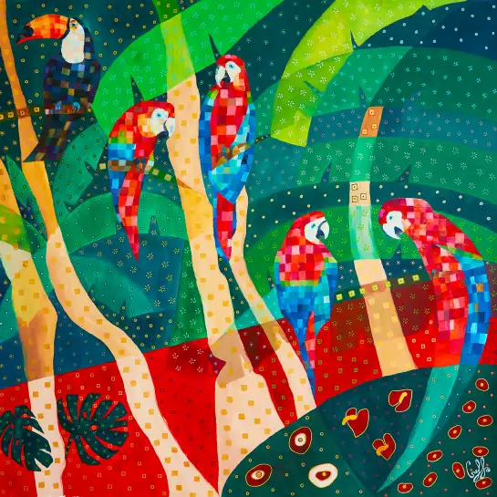Perroquets rouges - tableau monde