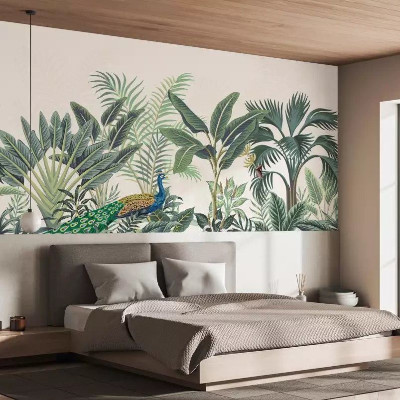Paon dans les tropiques - papier peint jungle tropicale