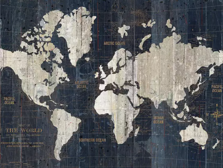 Carte du monde ancien bleu - papier peint panoramique carte du monde