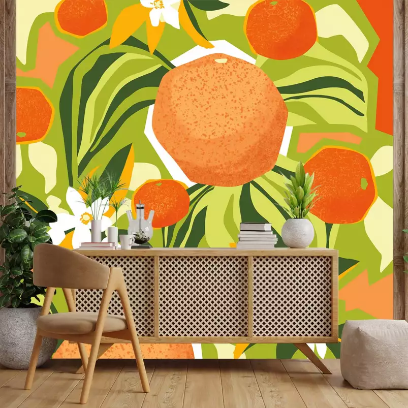 Oranges et mandarines - papier peint avec des feuilles