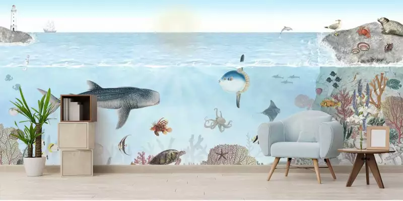 Papier Peint Photo 3D Océan Poisson 1839NA - Déco Murale Familiale De Fay