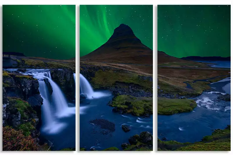 Kirkjufell et ciel vert boréal - poster paysage