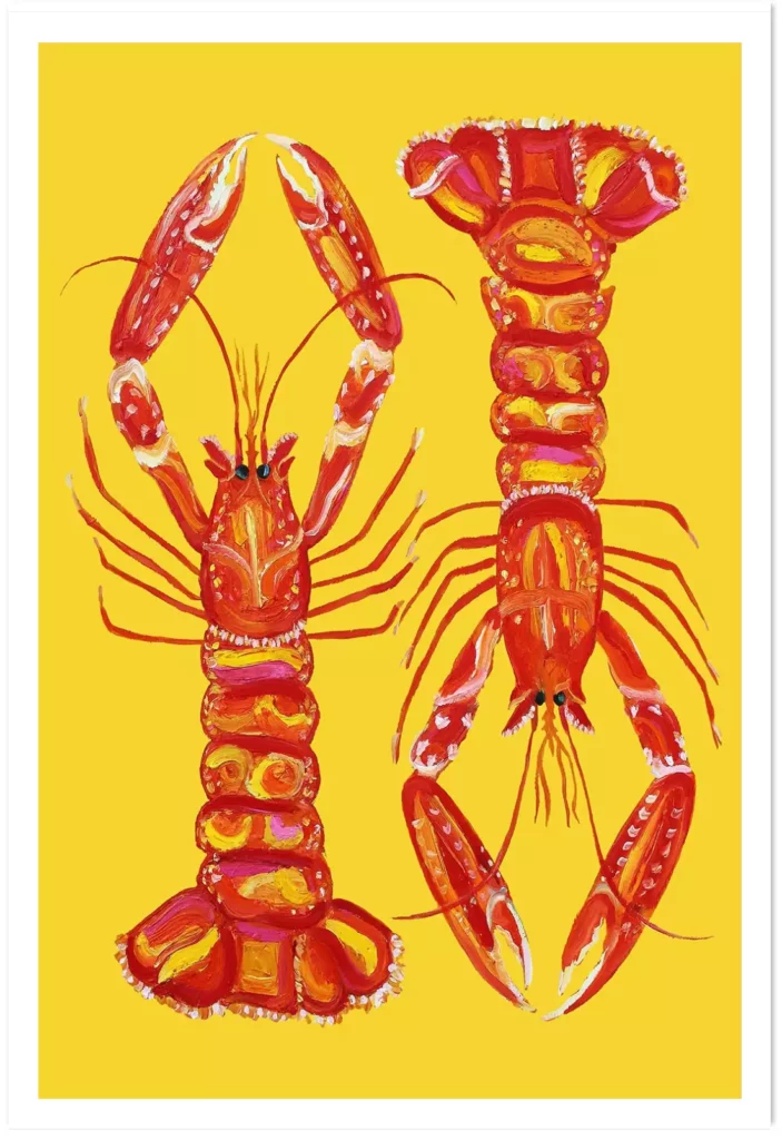 Illustration sur fond jaune moutarde de deux homards