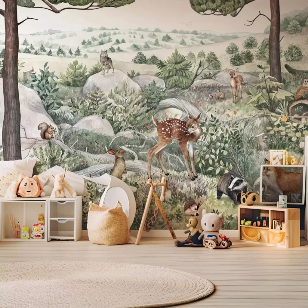 Décoration enfant avec le papier peint animaux de la forêt