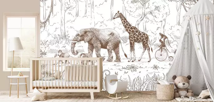 Papier peint pour chambre d'enfant éléphant et girafe